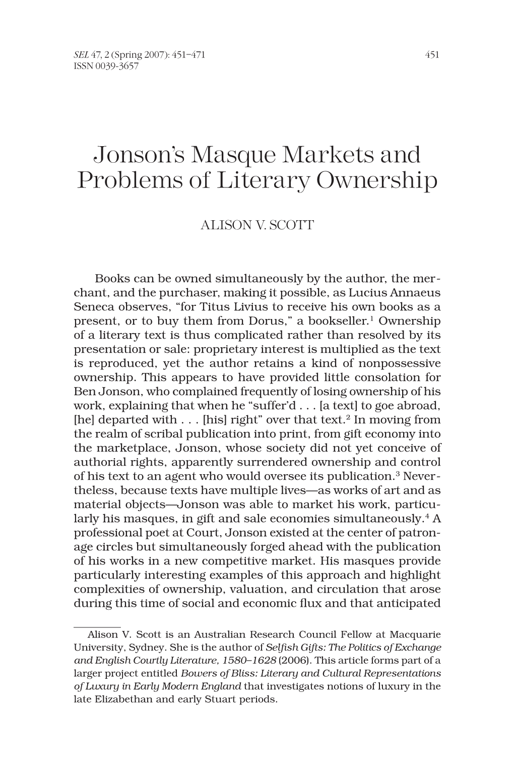 Jonson's Masque Markets and Problems of Literary Ownership