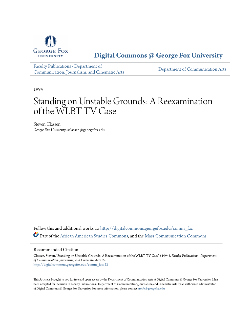 A Reexamination of the WLBT-TV Case Steven Classen George Fox University, Sclassen@Georgefox.Edu