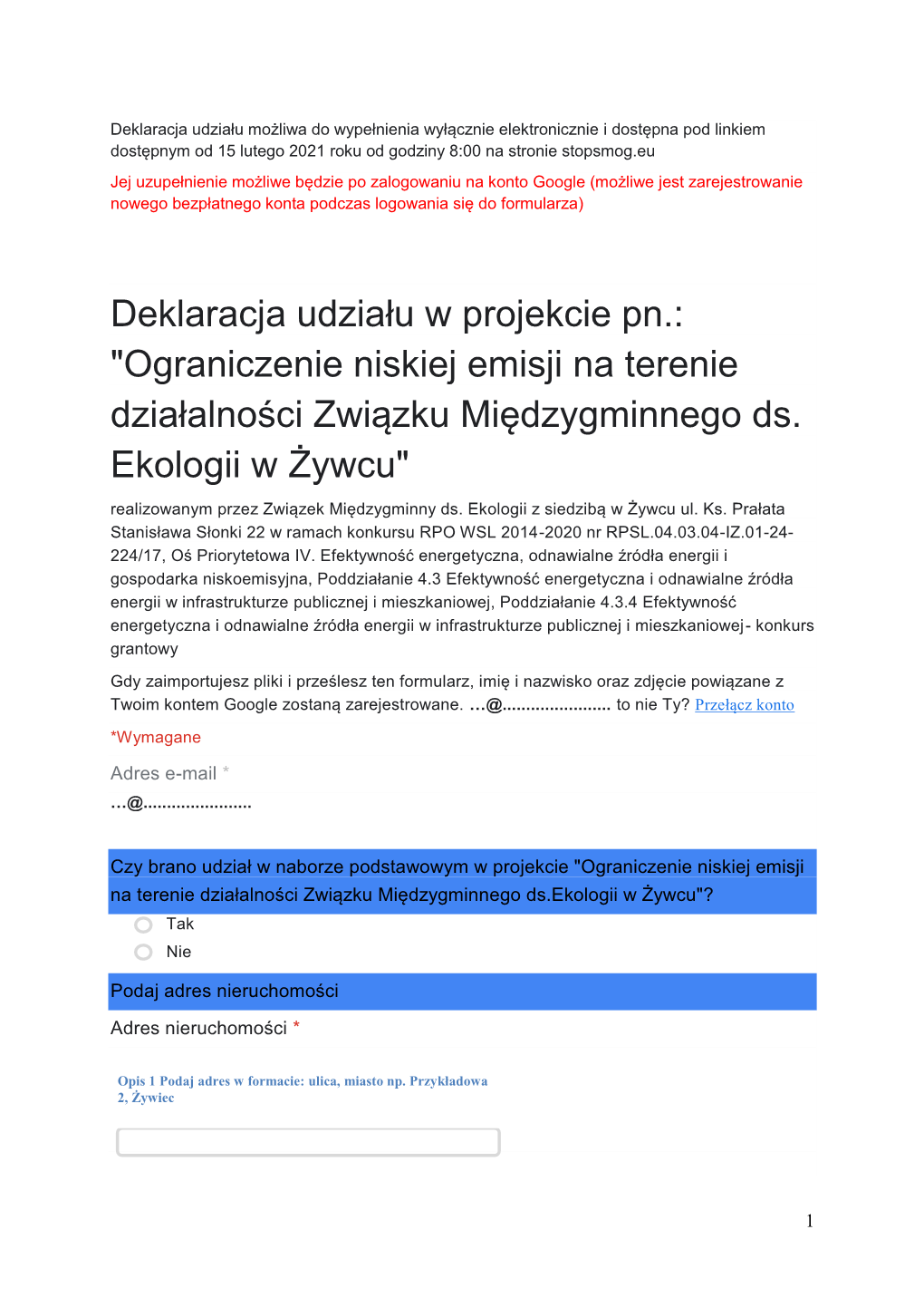 Deklaracja Udziału W Projekcie Pn.: "Ograniczenie Niskiej Emisji Na Terenie Działalności Związku Międzygminnego Ds