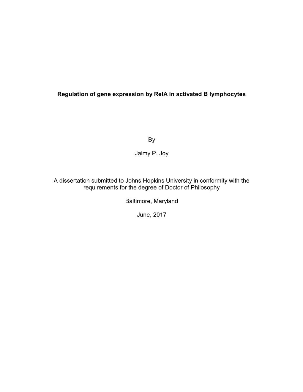 Regulation of Gene Expression by Rela in Activated B Lymphocytes By