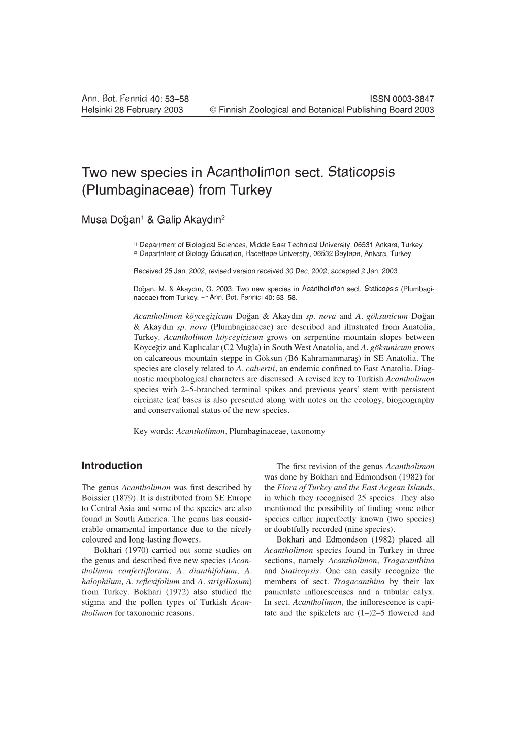 Two New Species in Acantholimon Sect. Staticopsis (Plumbaginaceae) from Turkey