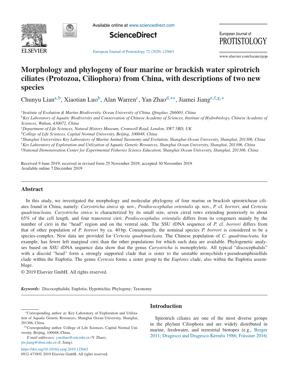 Morphology and Phylogeny of Four Marine Or Brackish Water Spirotrich Ciliates (Protozoa, Ciliophora) from China, with Descriptio