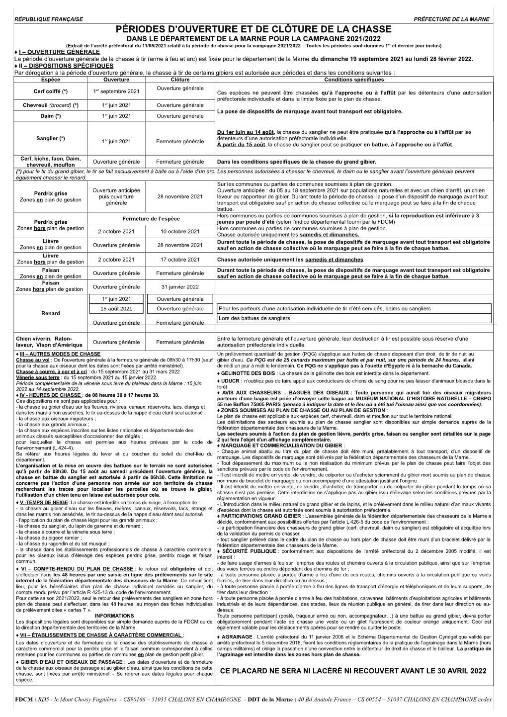 Période De Chasse 2021-2022