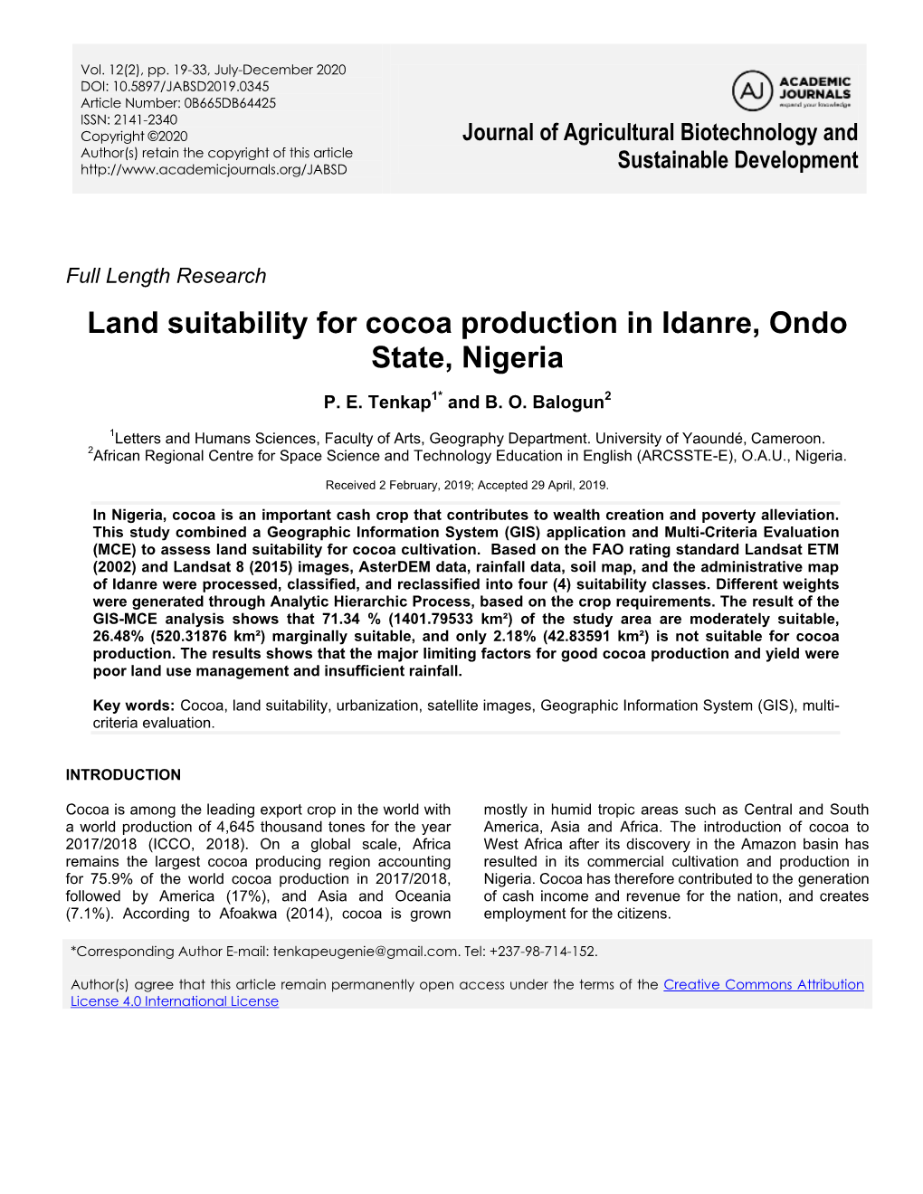 Land Suitability for Cocoa Production in Idanre, Ondo State, Nigeria