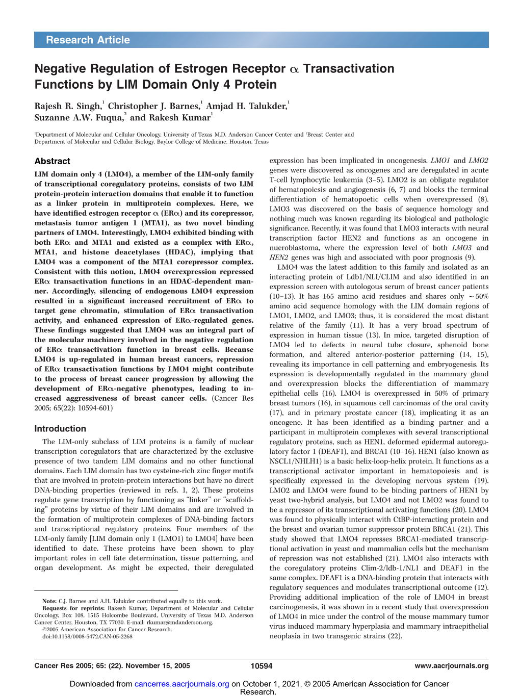 Negative Regulation of Estrogen Receptor a Transactivation Functions by LIM Domain Only 4 Protein