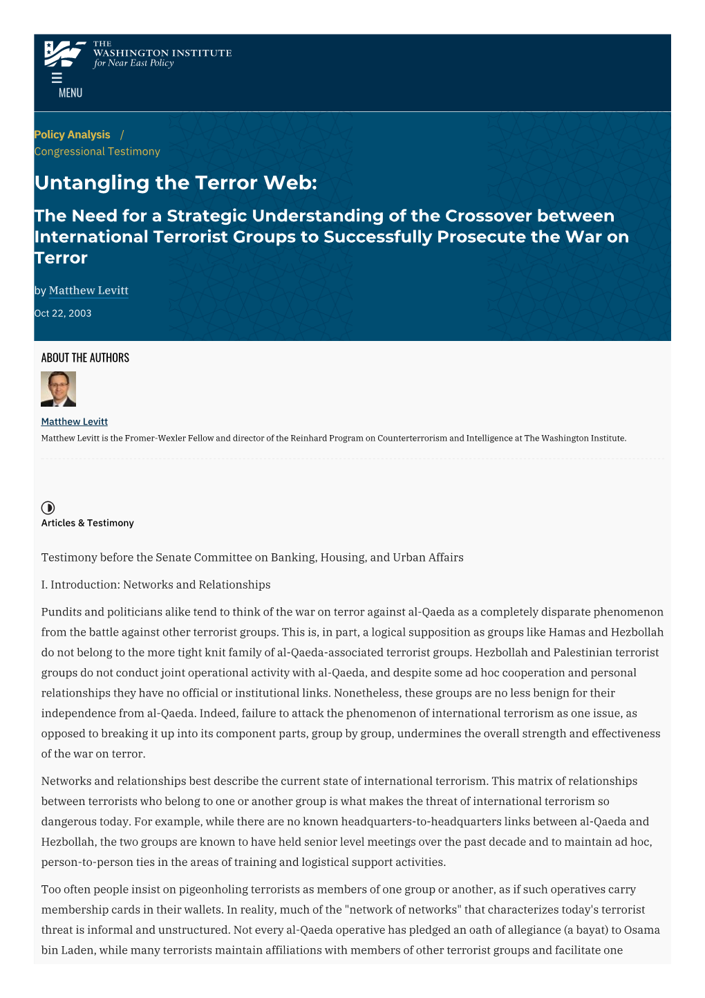 Untangling the Terror Web: the Need for a Strategic Understanding of The