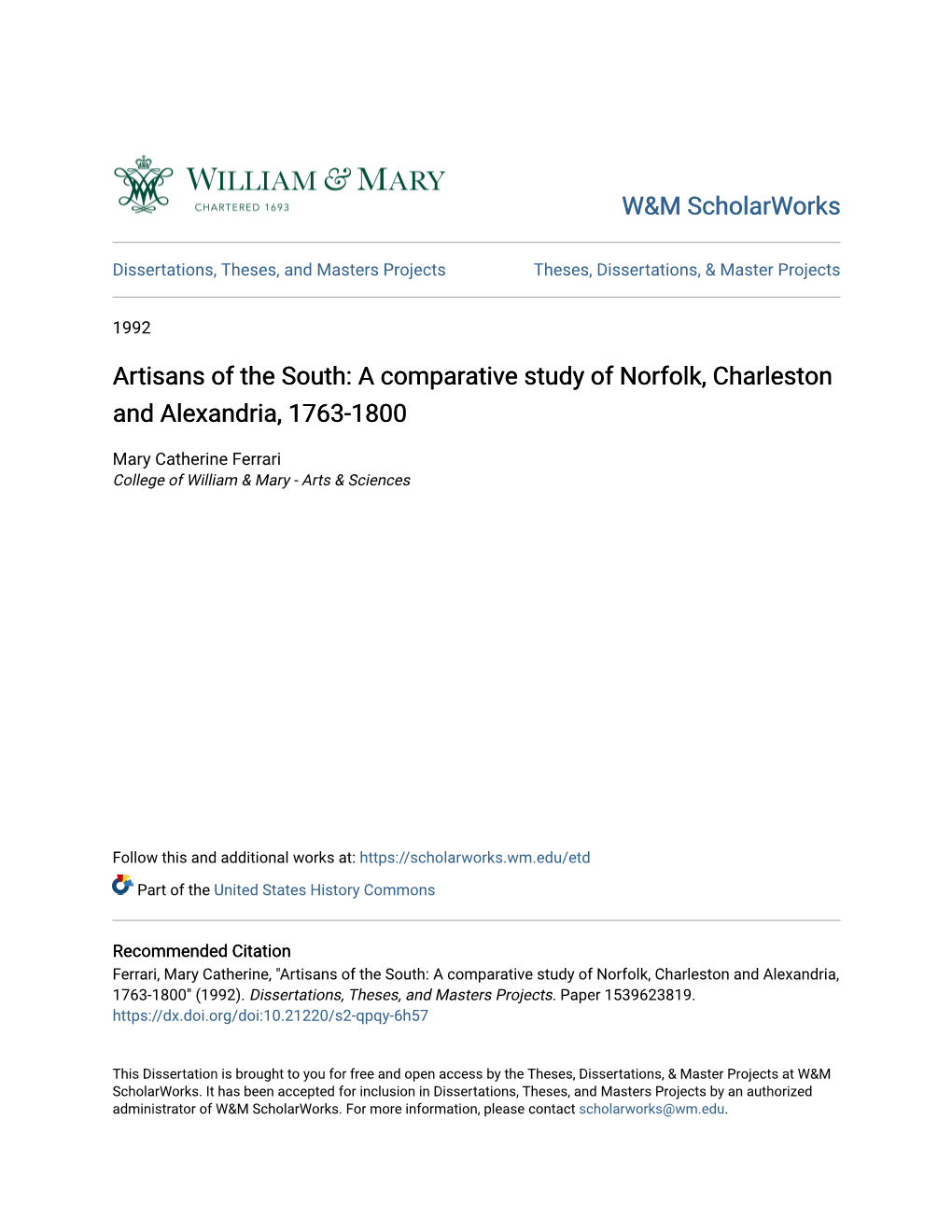 A Comparative Study of Norfolk, Charleston and Alexandria, 1763-1800