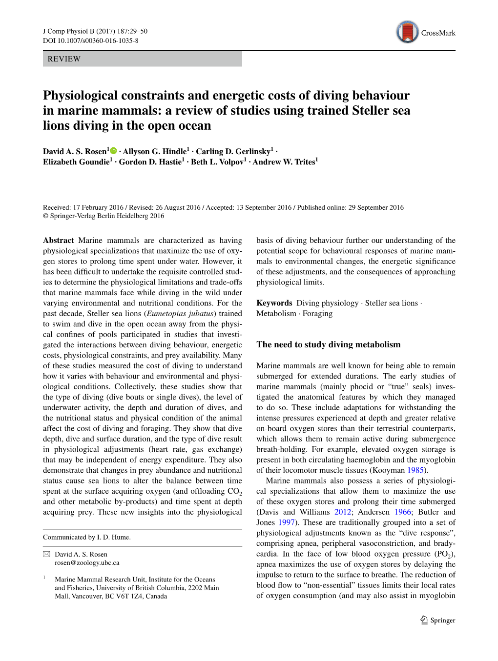 Physiological Constraints and Energetic Costs of Diving Behaviour in Marine Mammals: a Review of Studies Using Trained Steller Sea Lions Diving in the Open Ocean