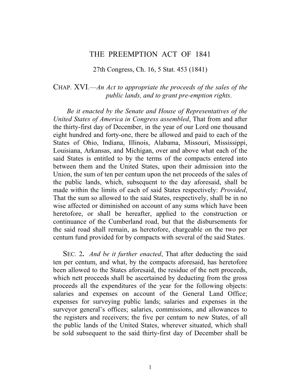 The Preemption Act of 1841