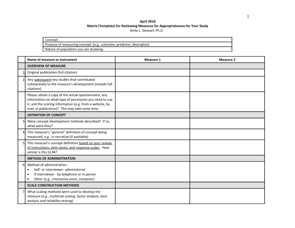 Matrix for Reviewing Measures for Appropriateness for Your Study