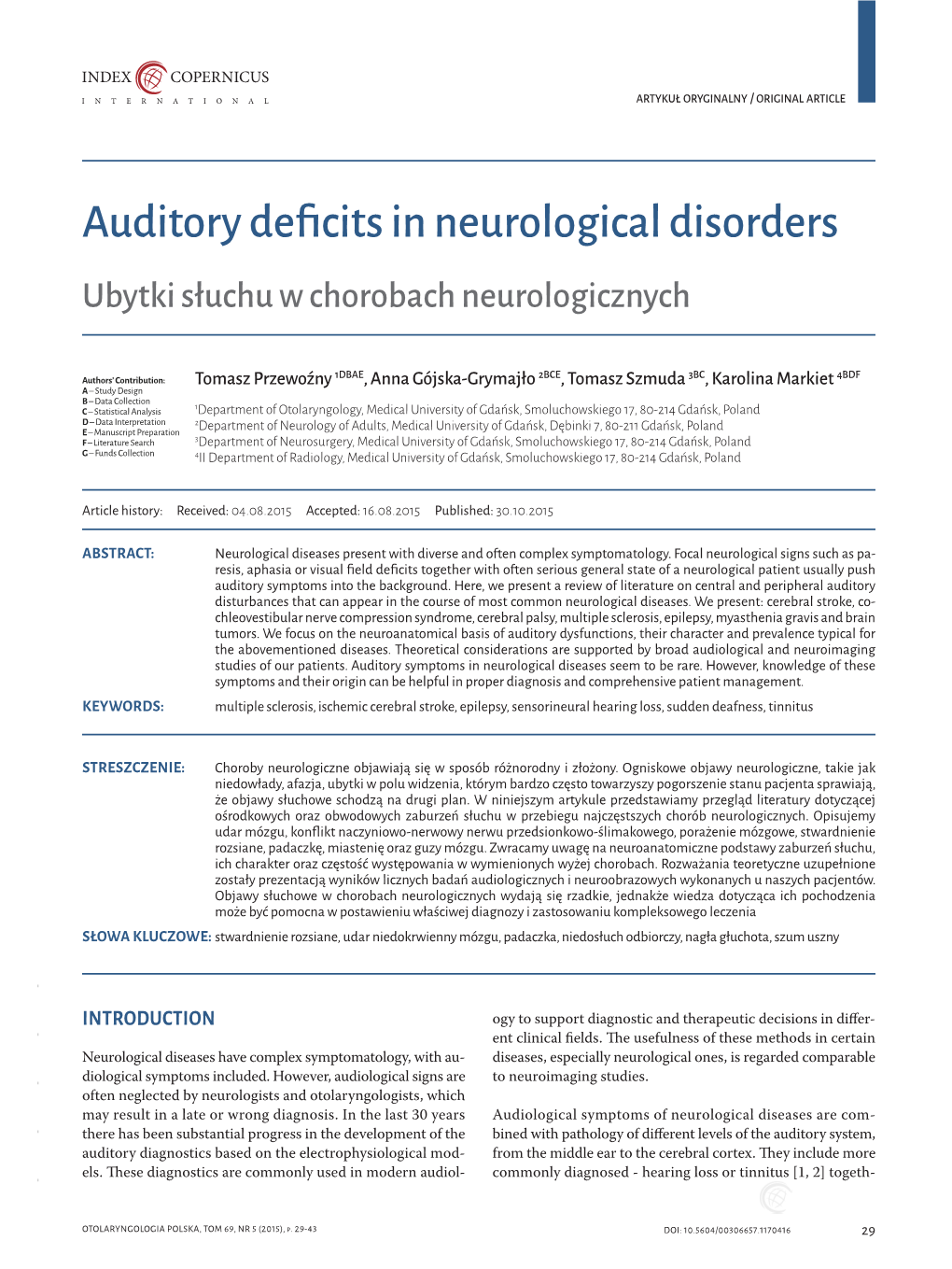 Auditory Deficits in Neurological Disorders Ubytki Słuchu W Chorobach Neurologicznych