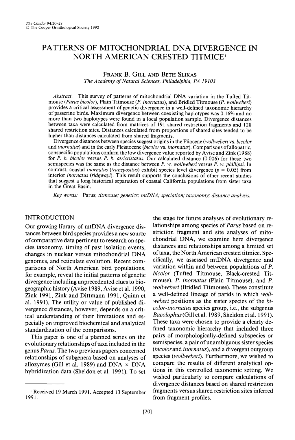 Patterns of Mitochondrial DNA Divergene in North American Crested Titmice