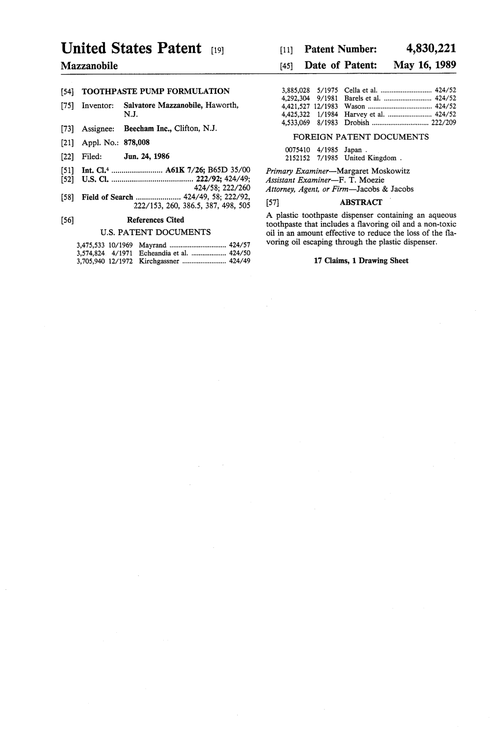 United States Patent (19) 11) Patent Number: 4,830,221 Mazzanobile 45) Date of Patent: May 16, 1989