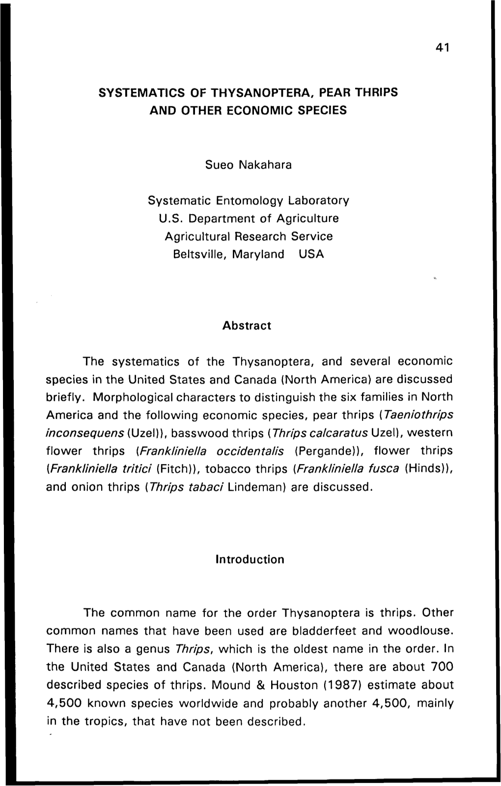 Systematics of Thysanoptera, Pear Thrips and Other Economic Species