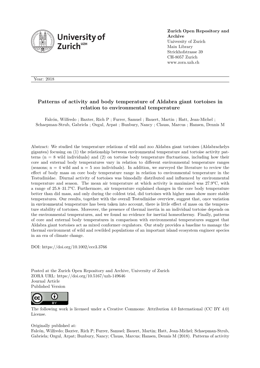 Patterns of Activity and Body Temperature of Aldabra Giant Tortoises in Relation to Environmental Temperature