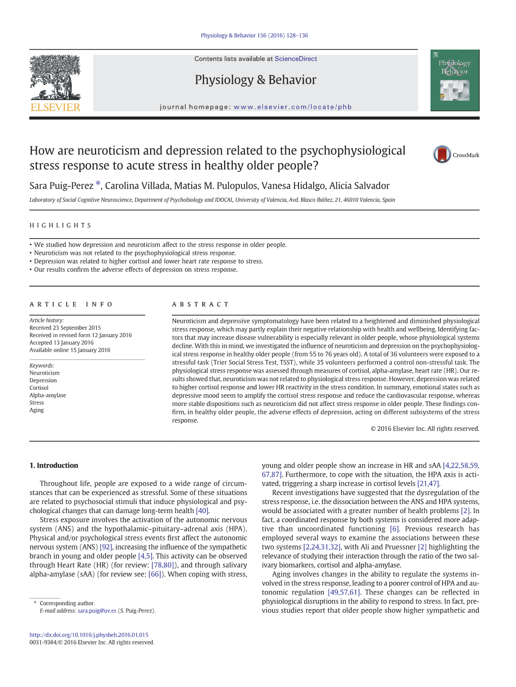 How Are Neuroticism and Depression Related to the Psychophysiological Stress Response to Acute Stress in Healthy Older People?