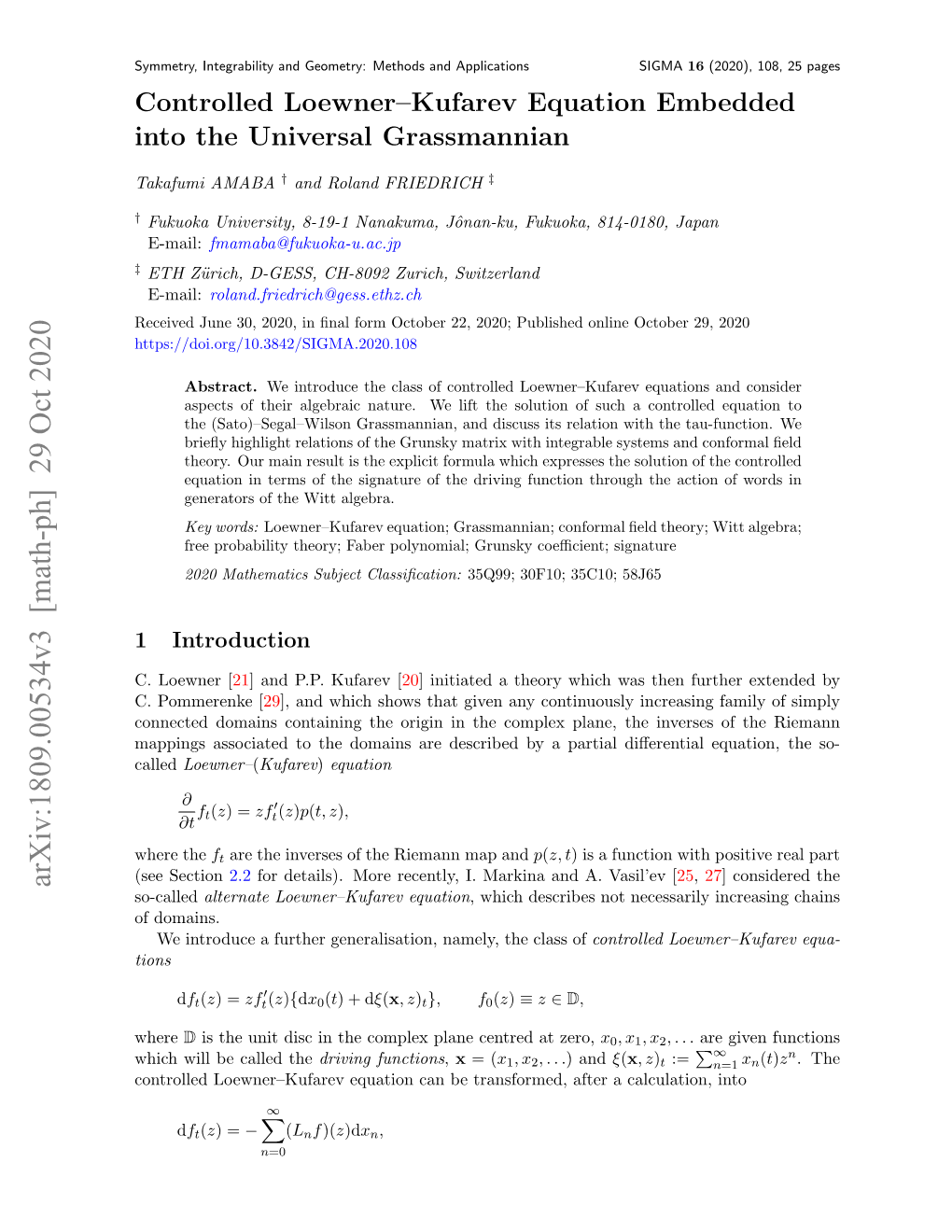 Arxiv:1809.00534V3 [Math-Ph] 29 Oct 2020 So-Called Alternate Loewner–Kufarev Equation, Which Describes Not Necessarily Increasing Chains of Domains