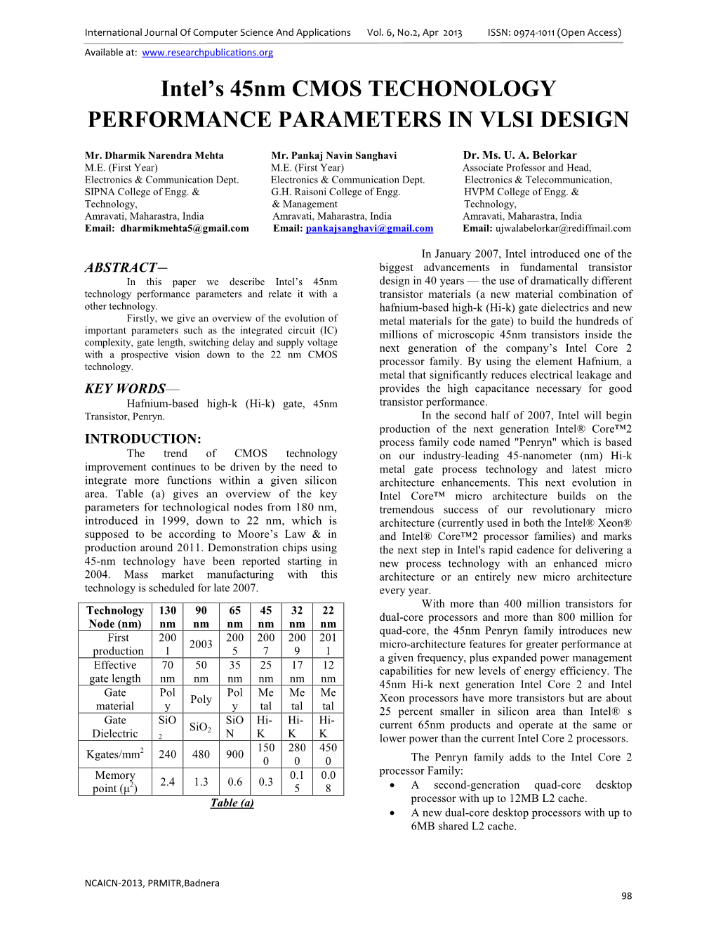 Intel's 45Nm CMOS TECHONOLOGY PERFORMANCE PARAMETERS in VLSI DESIGN