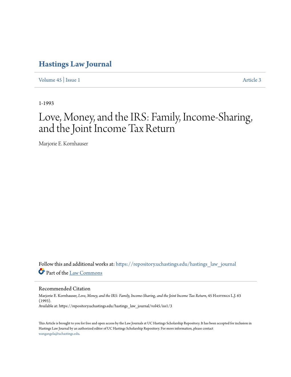 Family, Income-Sharing, and the Joint Income Tax Return Marjorie E