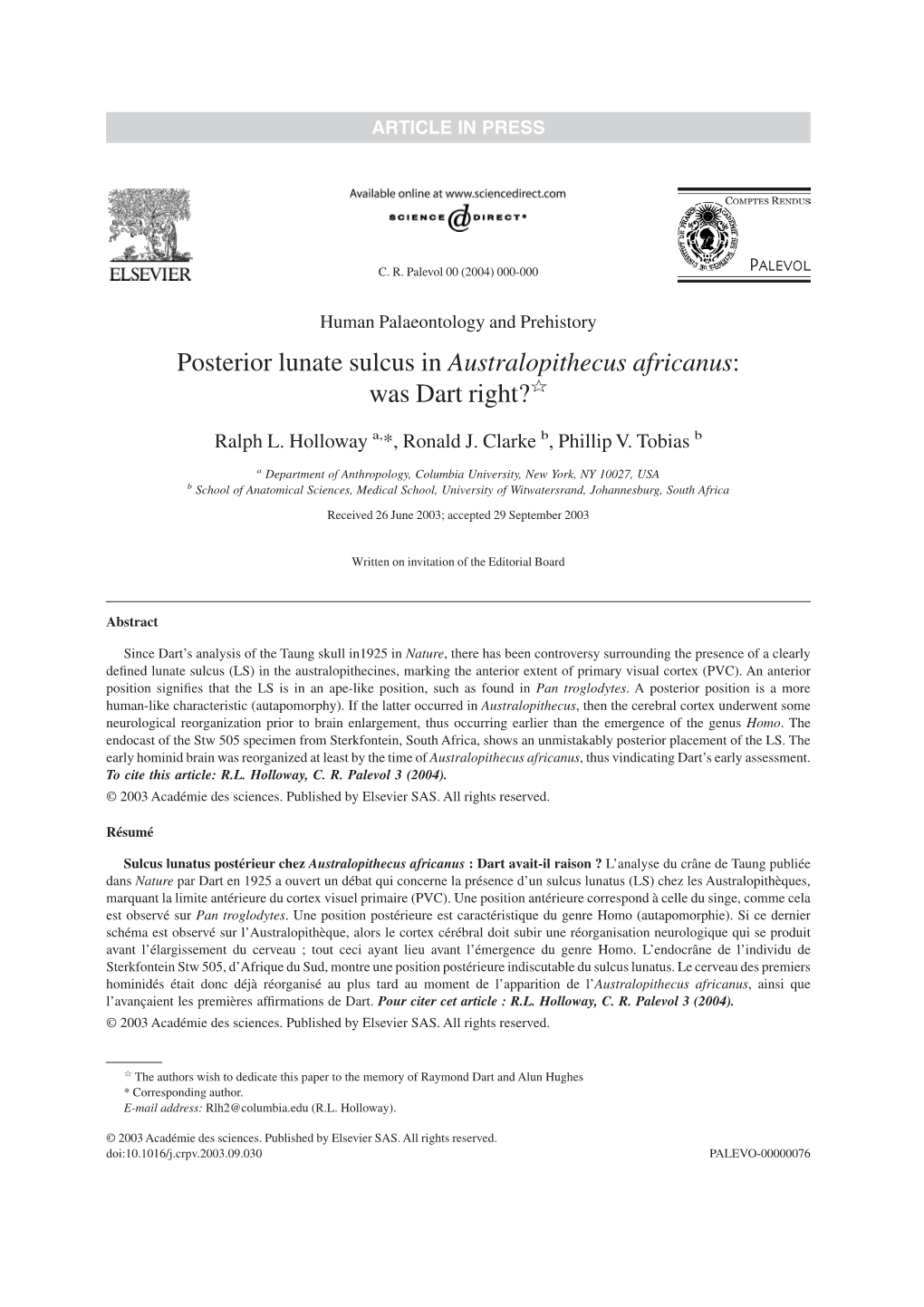 Posterior Lunate Sulcus in Australopithecus Africanus: Was Dart Right?>