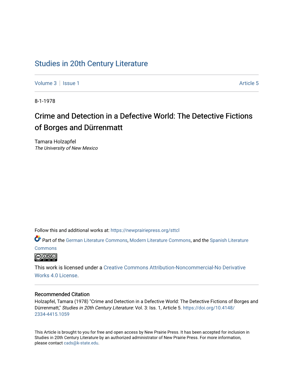 Crime and Detection in a Defective World: the Detective Fictions of Borges and Dürrenmatt