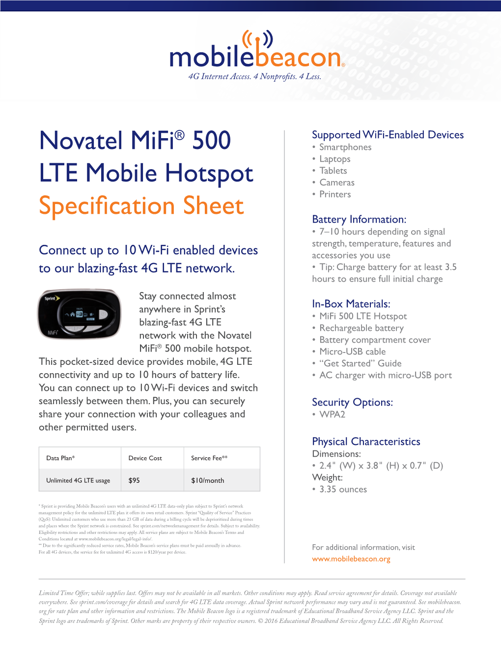 Novatel Mifi® 500 LTE Mobile Hotspot Specification Sheet