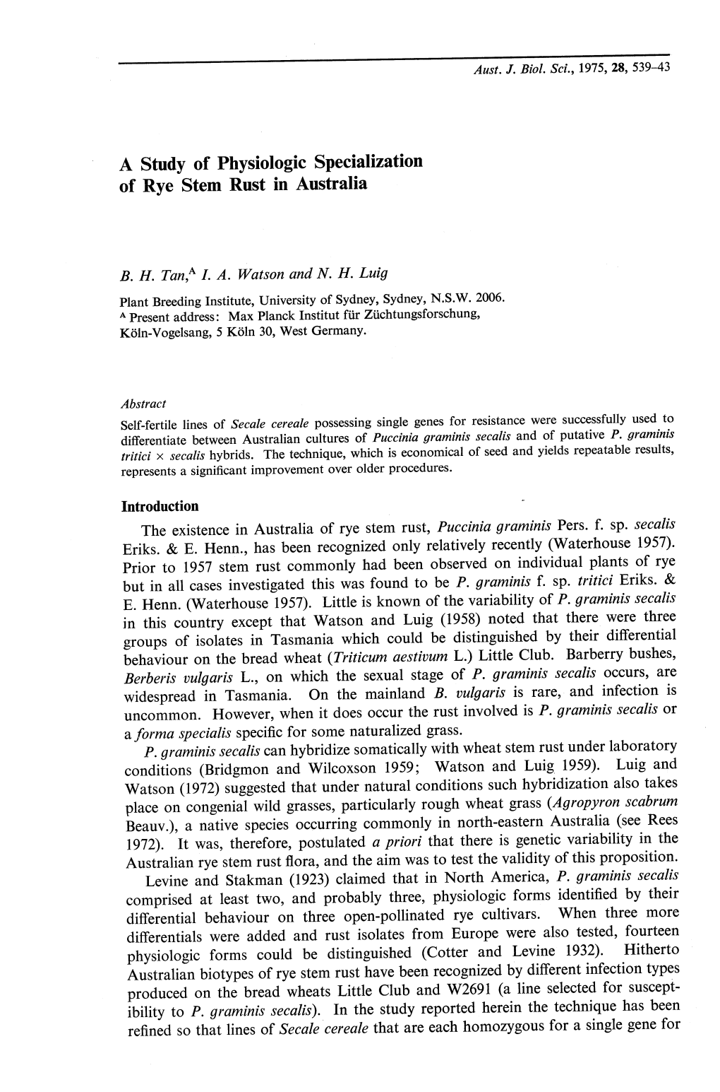 A Study of Physiologic Specialization of Rye Stem Rust in Australia