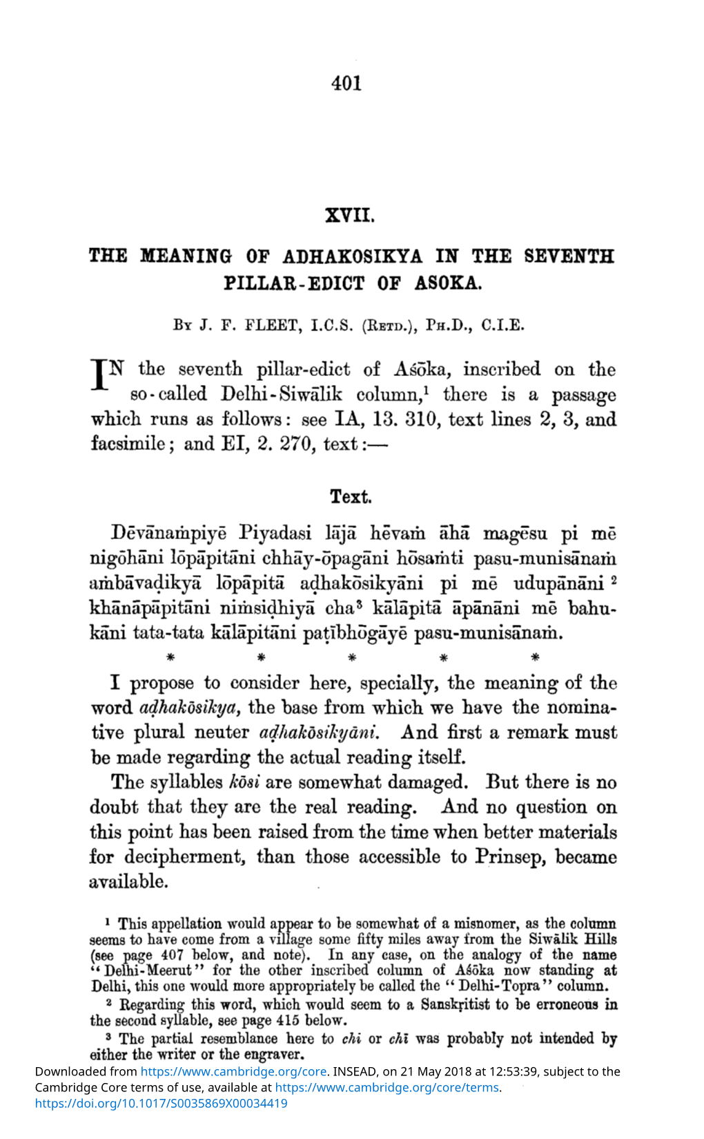 XVII. the Meaning of Adhakosikya in the Seventh Pillar-Edict of Asoka