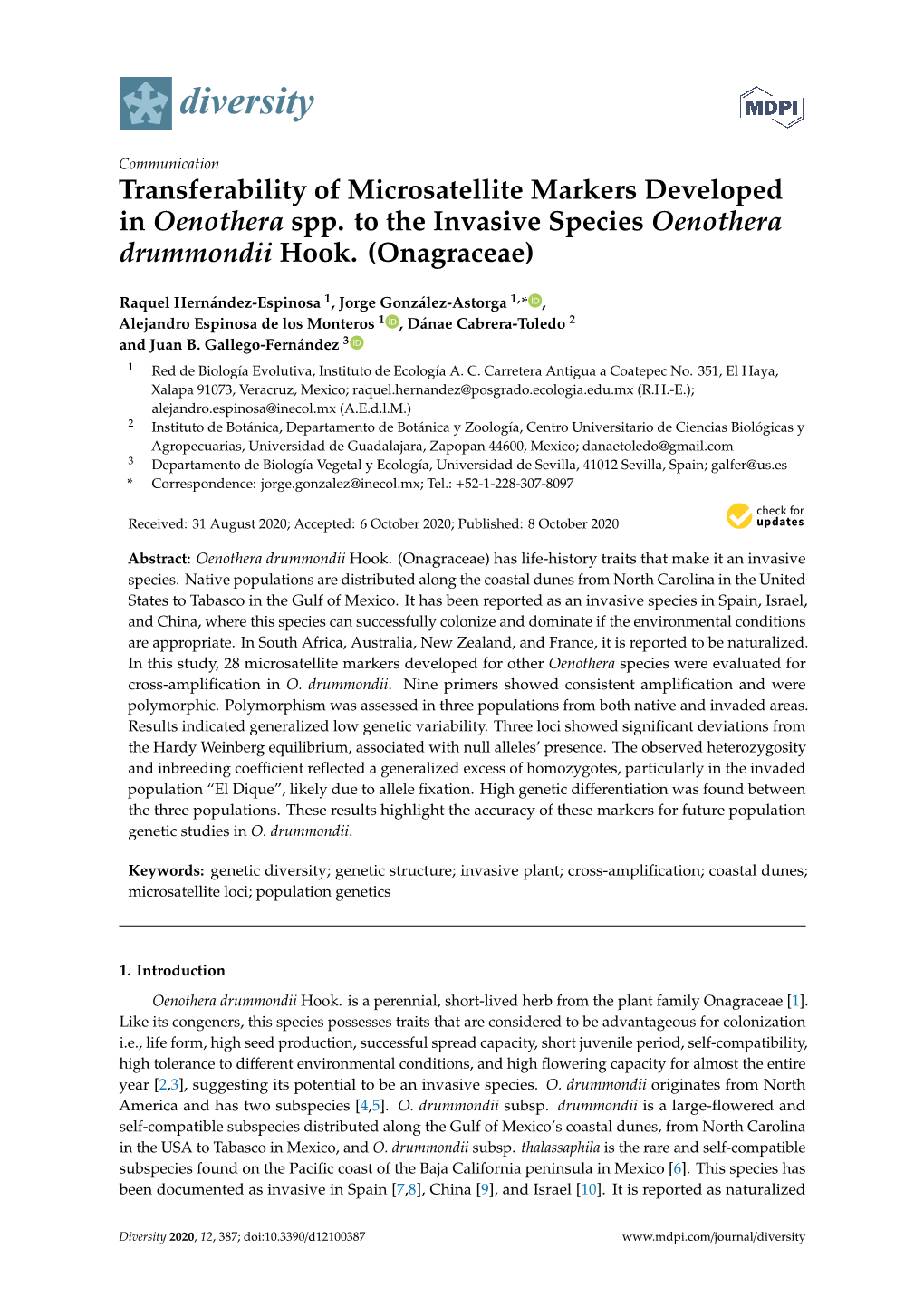 Transferability of Microsatellite Markers Developed in Oenothera Spp