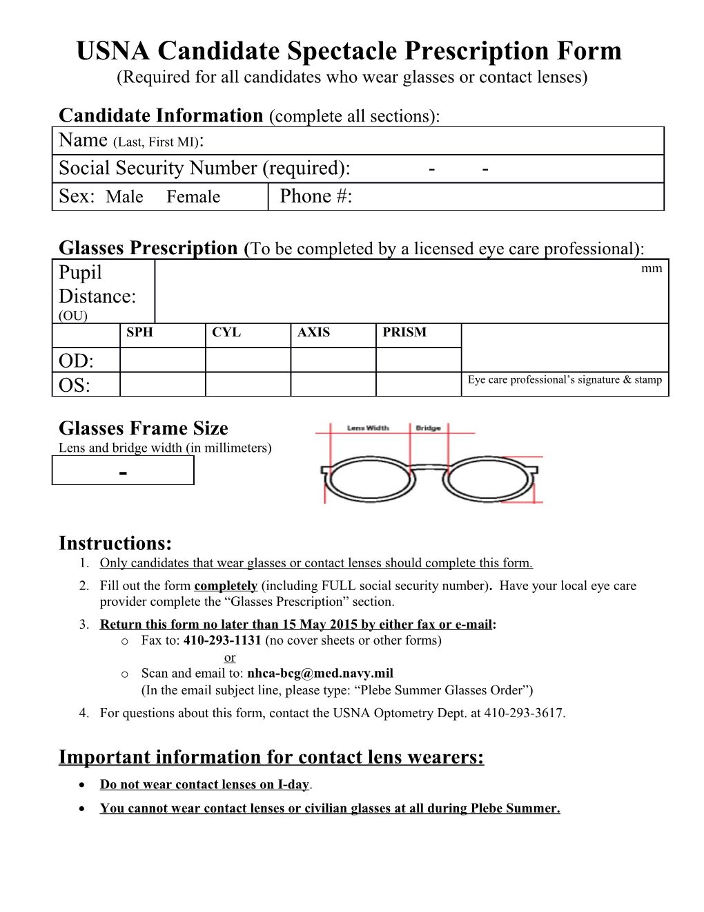 Spectacle Prescription Information Form for USNA Appointees