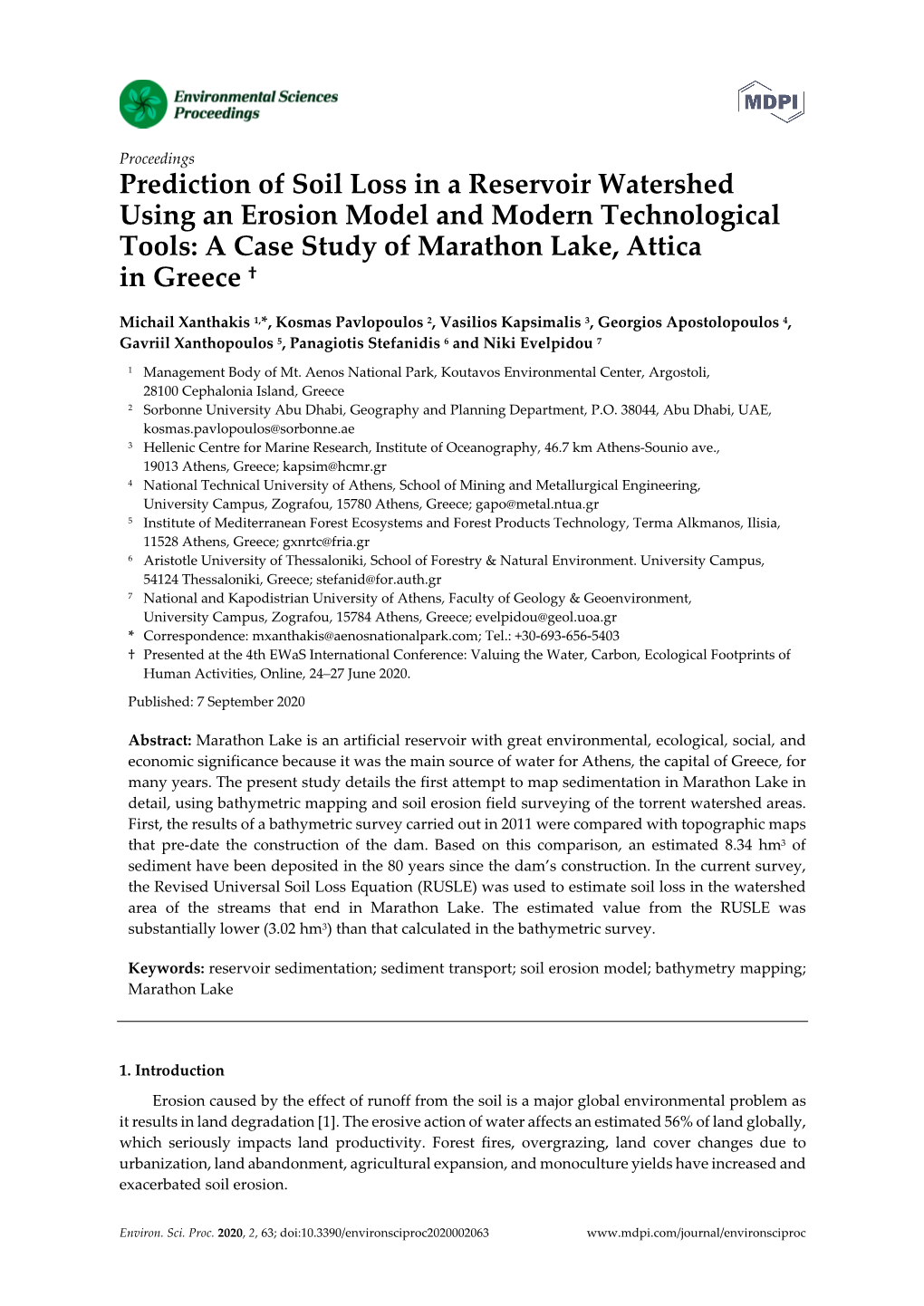 Prediction of Soil Loss in a Reservoir Watershed Using an Erosion Model and Modern Technological Tools: a Case Study of Marathon Lake, Attica in Greece †