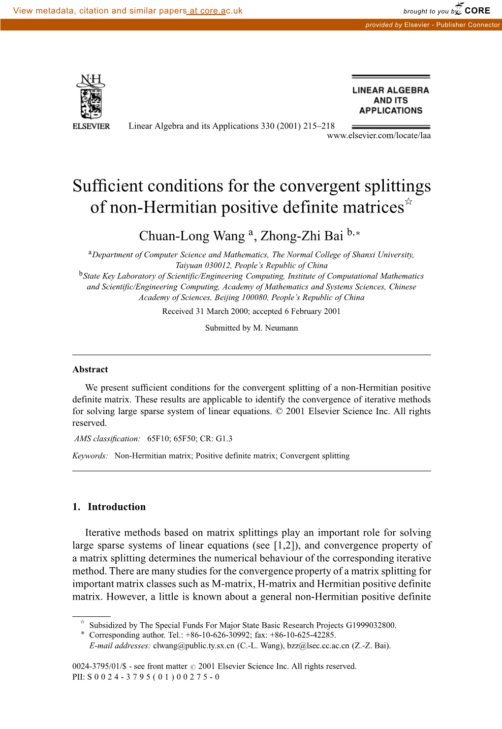 Sufficient Conditions for the Convergent Splittings of Non-Hermitian Positive Definite Matrices