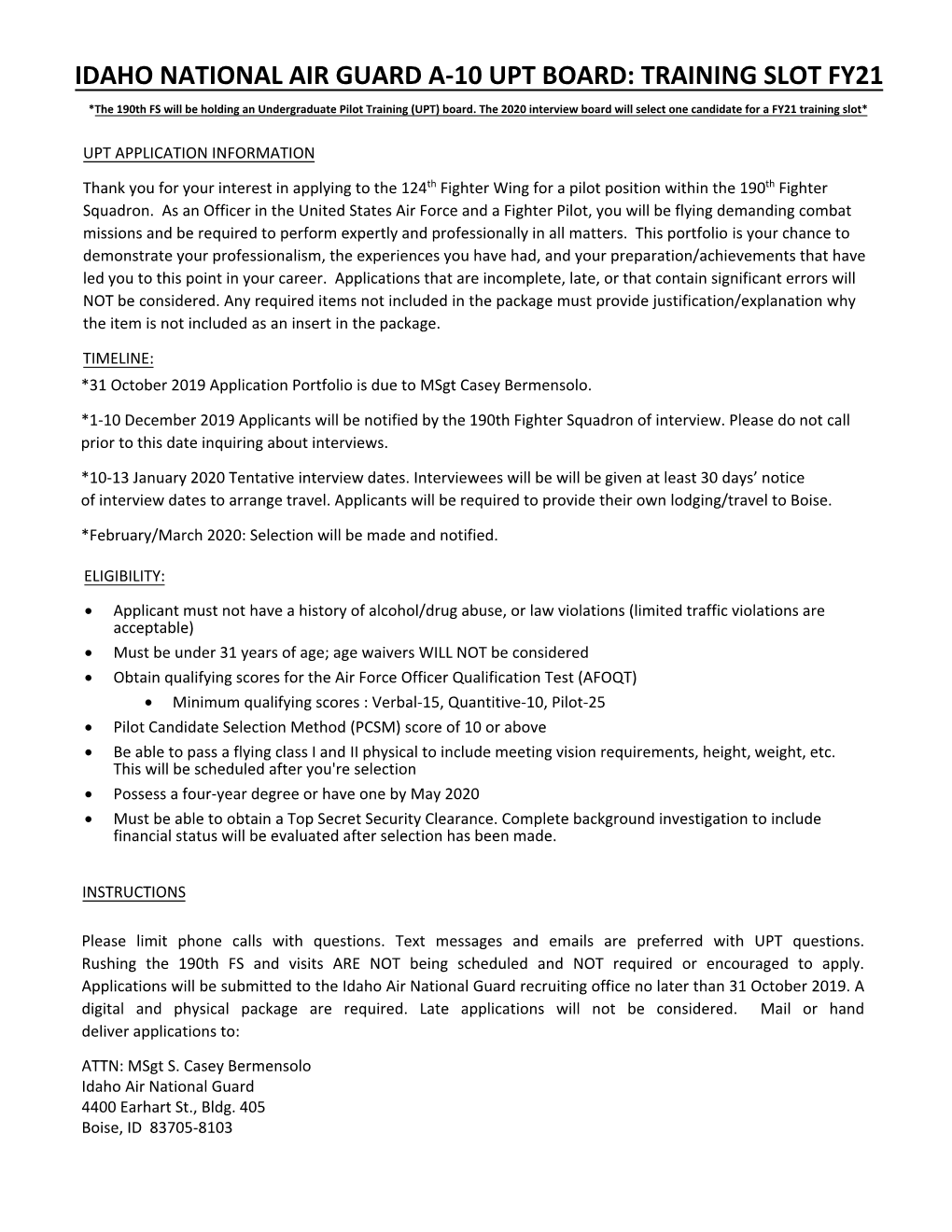 IDAHO NATIONAL AIR GUARD A-10 UPT BOARD: TRAINING SLOT FY21 *The 190Th FS Will Be Holding an Undergraduate Pilot Training (UPT) Board