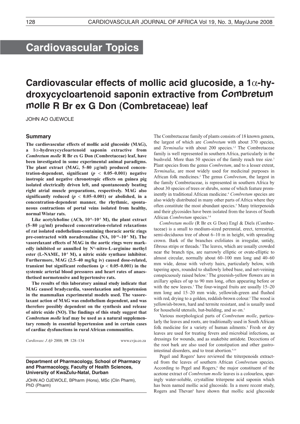 Cardiovascular Effects of Mollic Acid Glucoside, a 1Α-Hy-Droxycycloartenoid Saponin Extractive from Combretum Molle R Br Ex G Don (Combretaceae) Leaf