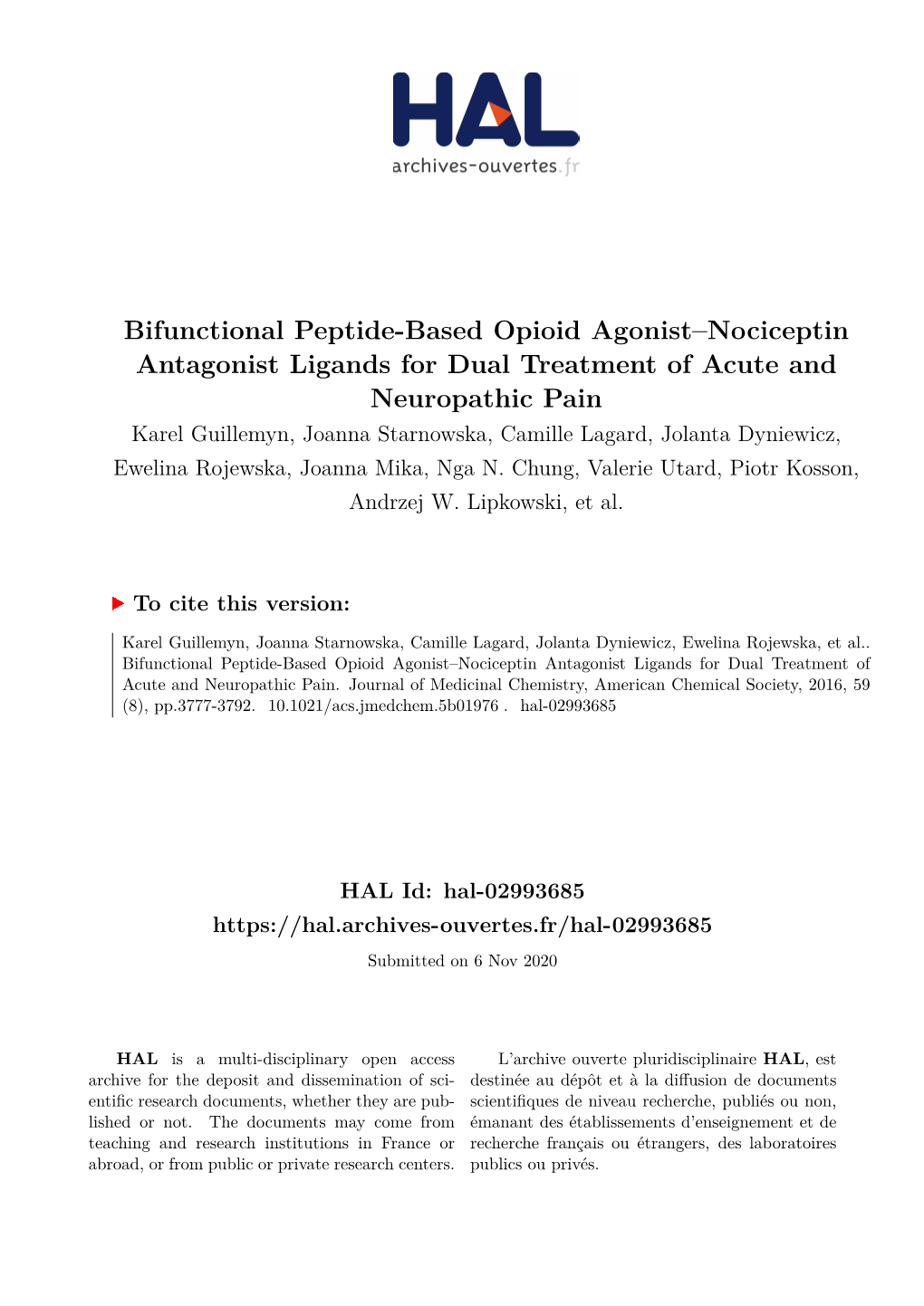 Bifunctional Peptide-Based Opioid Agonist–Nociceptin Antagonist