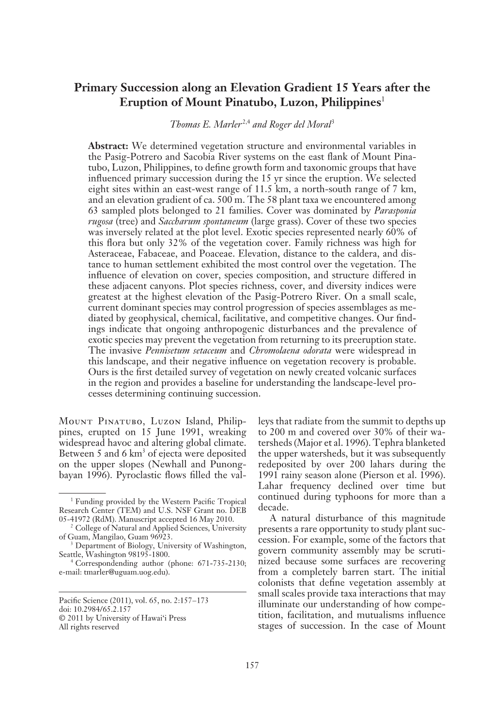 Primary Succession Along an Elevation Gradient 15 Years After the Eruption of Mount Pinatubo, Luzon, Philippines1