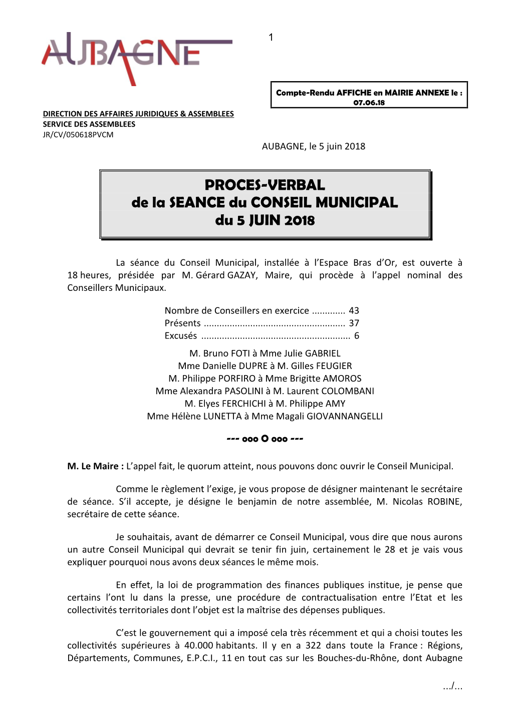 PROCES-VERBAL De La SEANCE Du CONSEIL MUNICIPAL Du 5 JUIN 2018