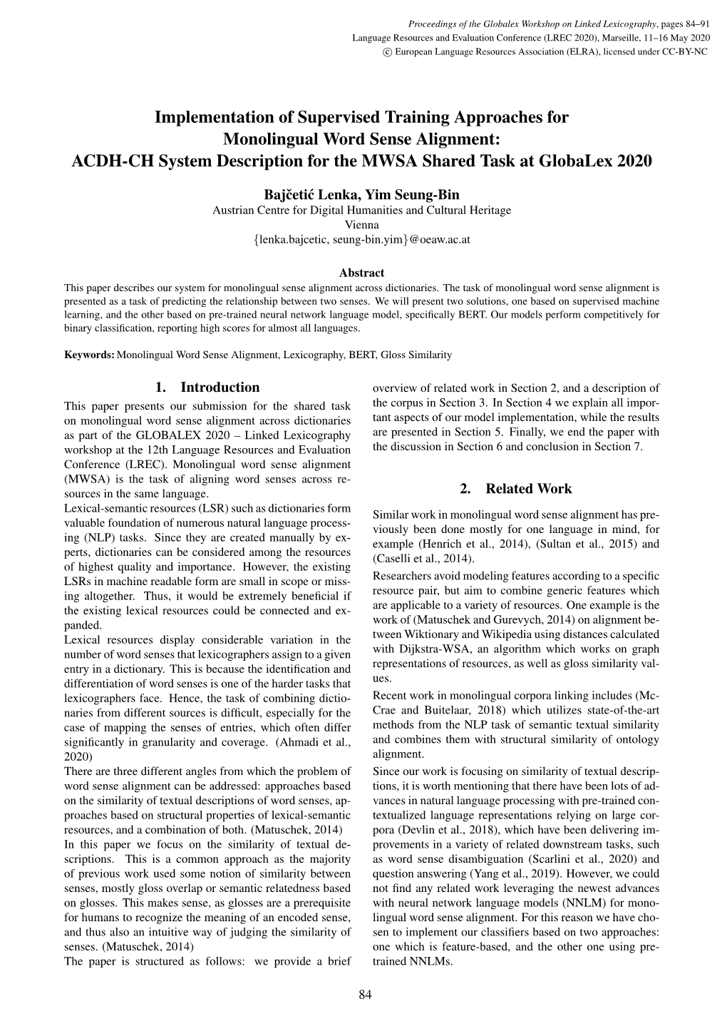 Implementation of Supervised Training Approaches for Monolingual Word Sense Alignment: ACDH-CH System Description for the MWSA Shared Task at Globalex 2020