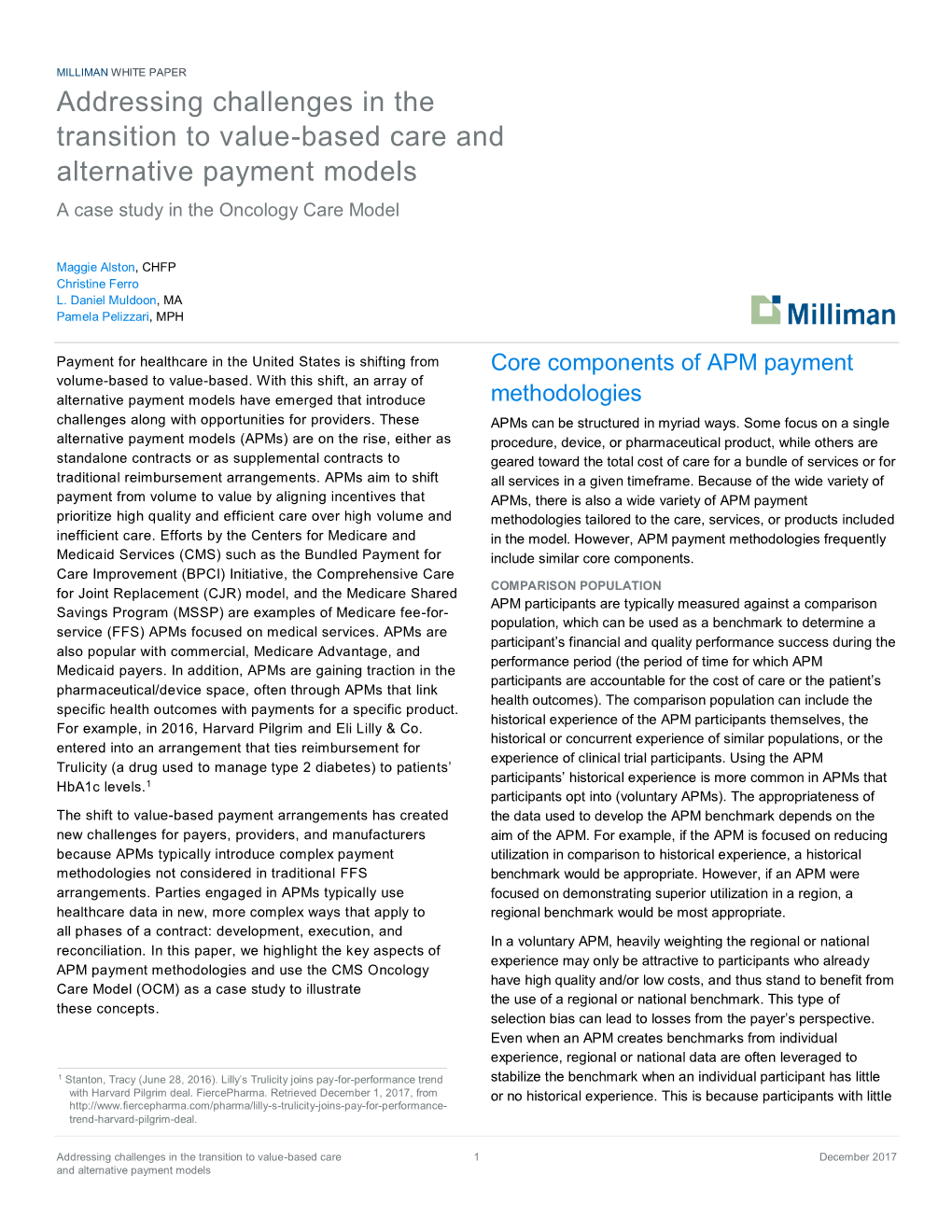 WHITE PAPER Addressing Challenges in the Transition to Value-Based Care and Alternative Payment Models a Case Study in the Oncology Care Model