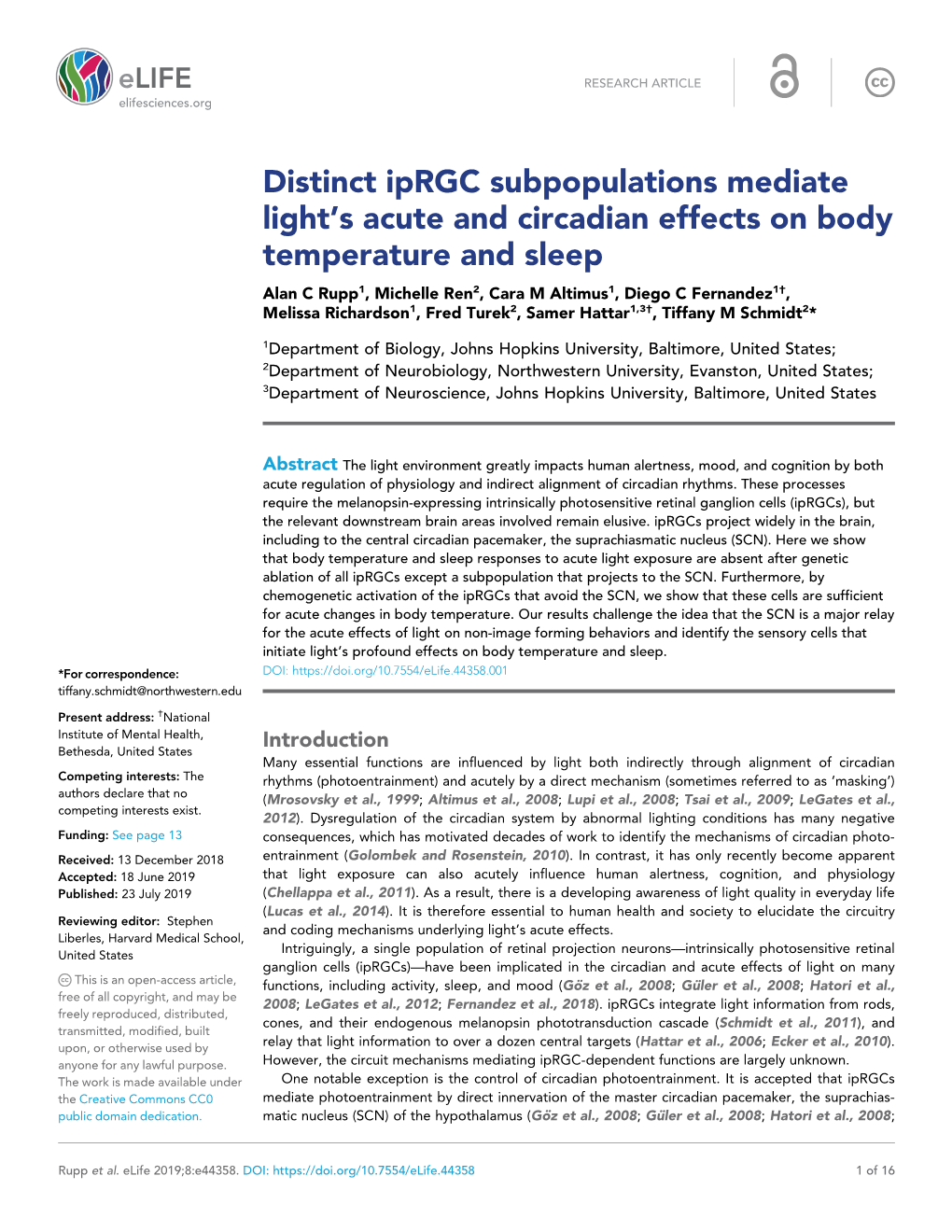 Distinct Iprgc Subpopulations Mediate Light's Acute and Circadian