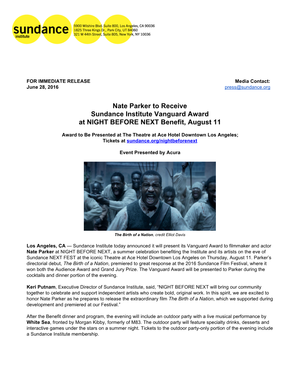 Nate Parker to Receive Sundance Institute Vanguard Award at NIGHT BEFORE NEXT Benefit, August 11