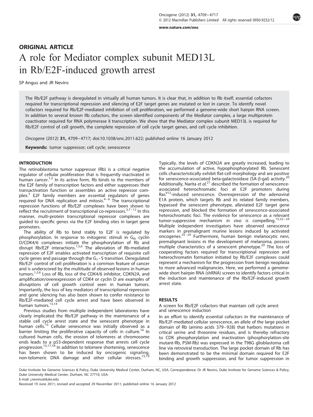 A Role for Mediator Complex Subunit MED13L in Rb&Sol;E2F-Induced