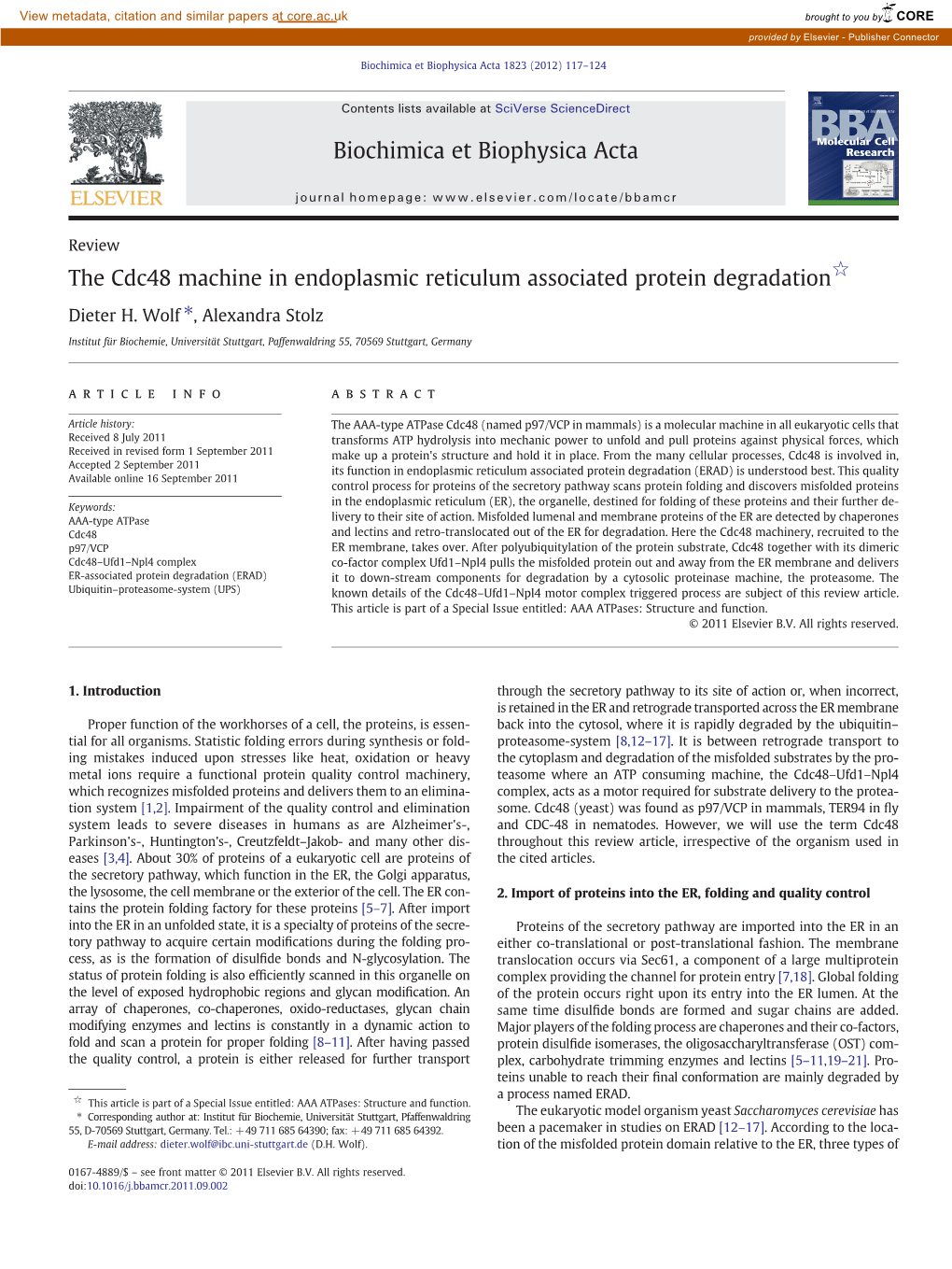 The Cdc48 Machine in Endoplasmic Reticulum Associated Protein Degradation☆