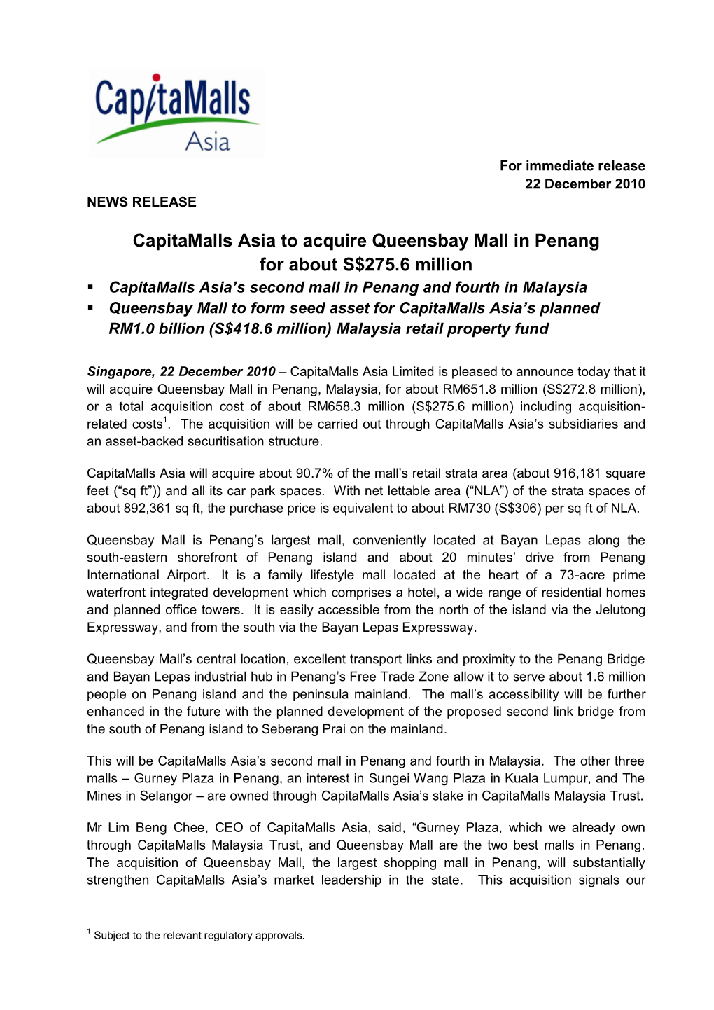 Capitamalls Asia Acquired Queensbay Mall in Penang for About RM658.3