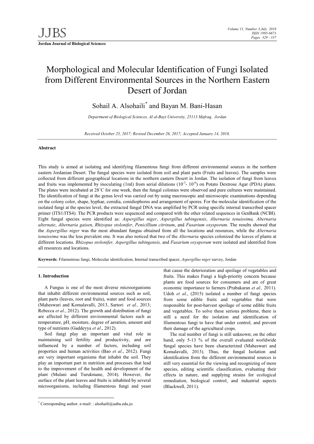 Morphological and Molecular Identification of Fungi Isolated from Different Environmental Sources in the Northern Eastern Desert of Jordan