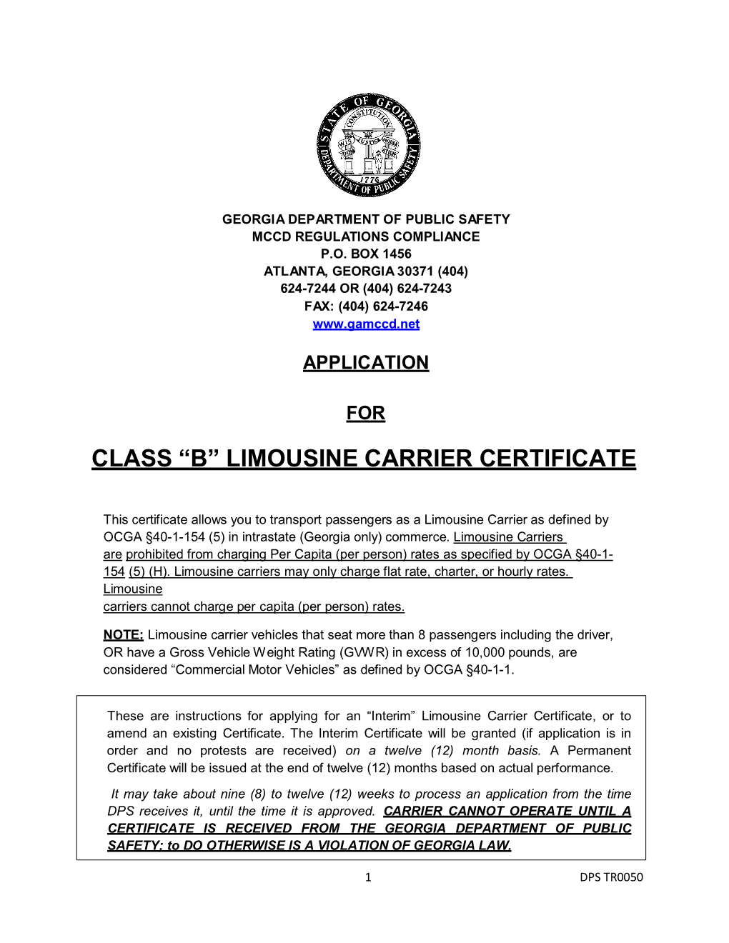 Application for Class B Limousine Carrier