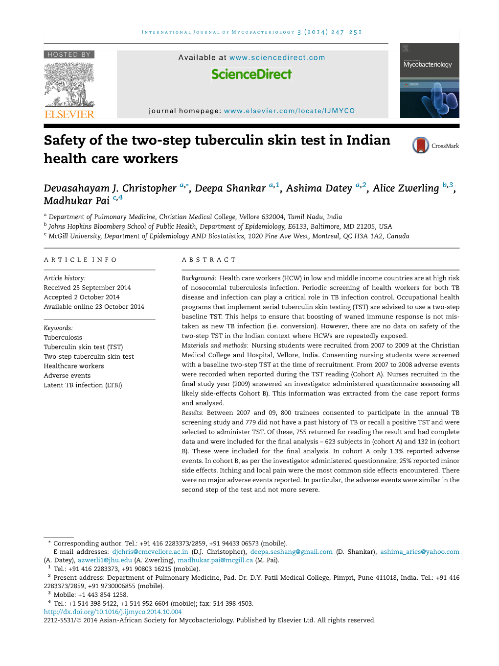 Safety of the Two-Step Tuberculin Skin Test in Indian Health Care Workers