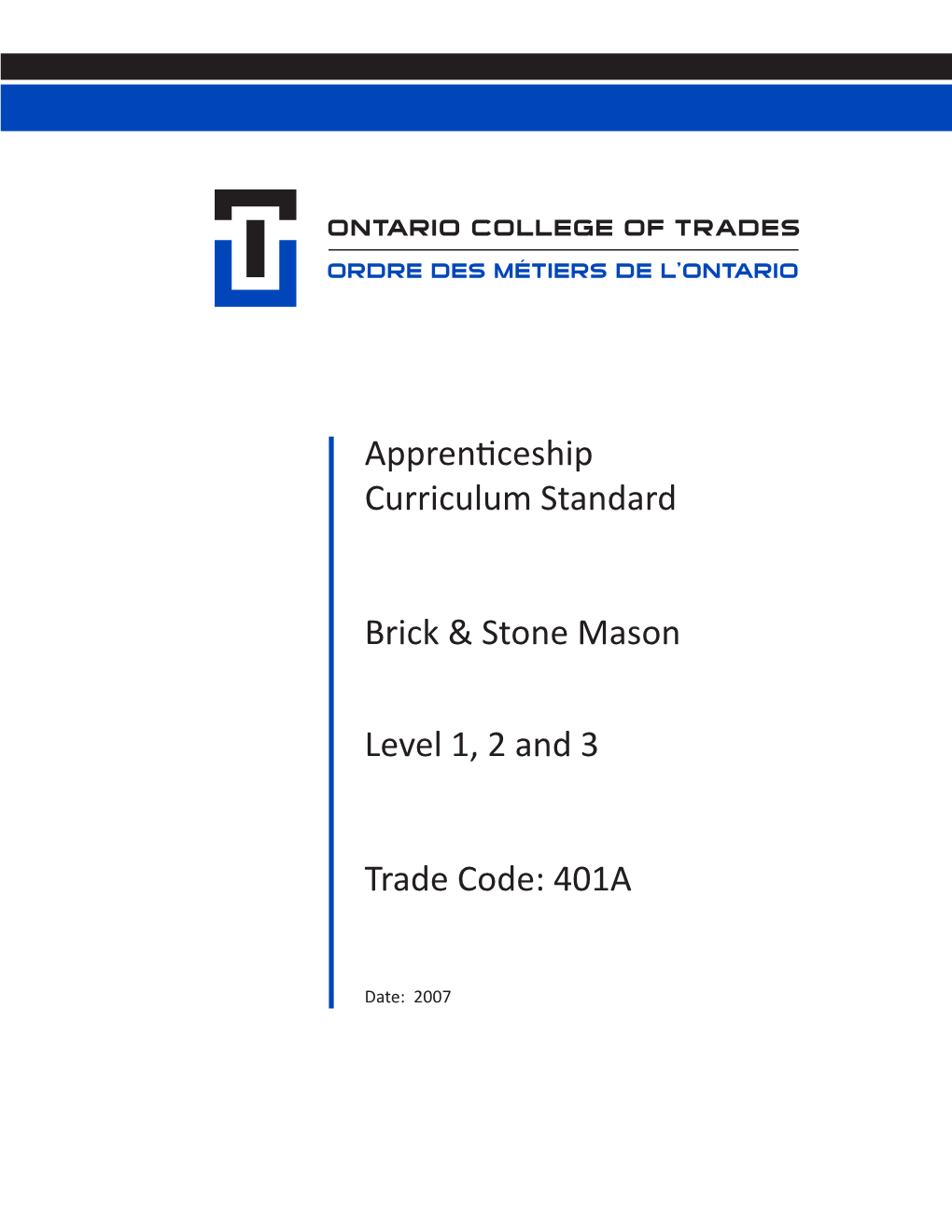 Apprenticeship Curriculum Standard Brick & Stone Mason Level 1, 2 And