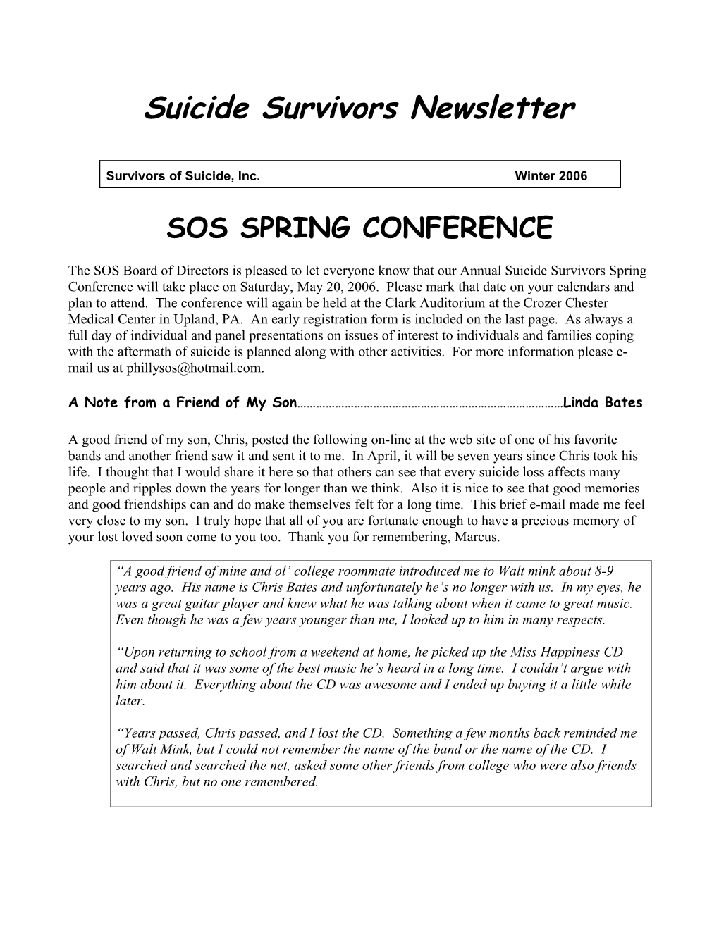 Suicide Survivors Newsletter