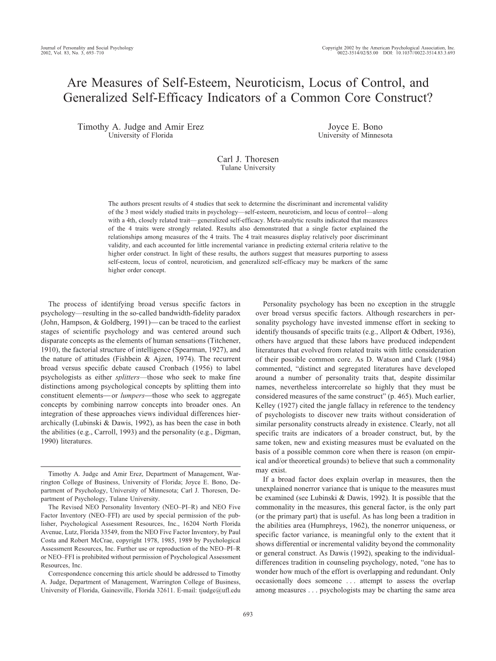 Are Measures of Self-Esteem, Neuroticism, Locus of Control, and Generalized Self-Efficacy Indicators of a Common Core Construct?